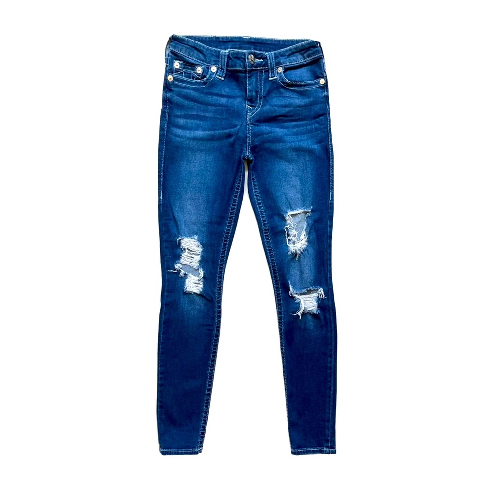 True Religion 29 Super Skinny Jeans Dark Wash Blue Distressed Mid Rise Logo
